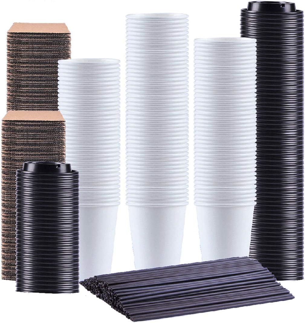 Kindpack Disposable Coffee Cups 12 oz,110 Count,With Lids Sleeves and Straws,Durable White Paper Hot Cup Perfect for Coffee, Cappuccino or Latte (12 oz)