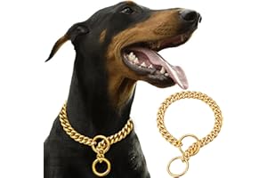 18K Gold Chain Dog Collar,Dog P Chains,10mm Wide Solid Cuban Link Chains Stainless Steel Metal Links Walking Slip Training Co
