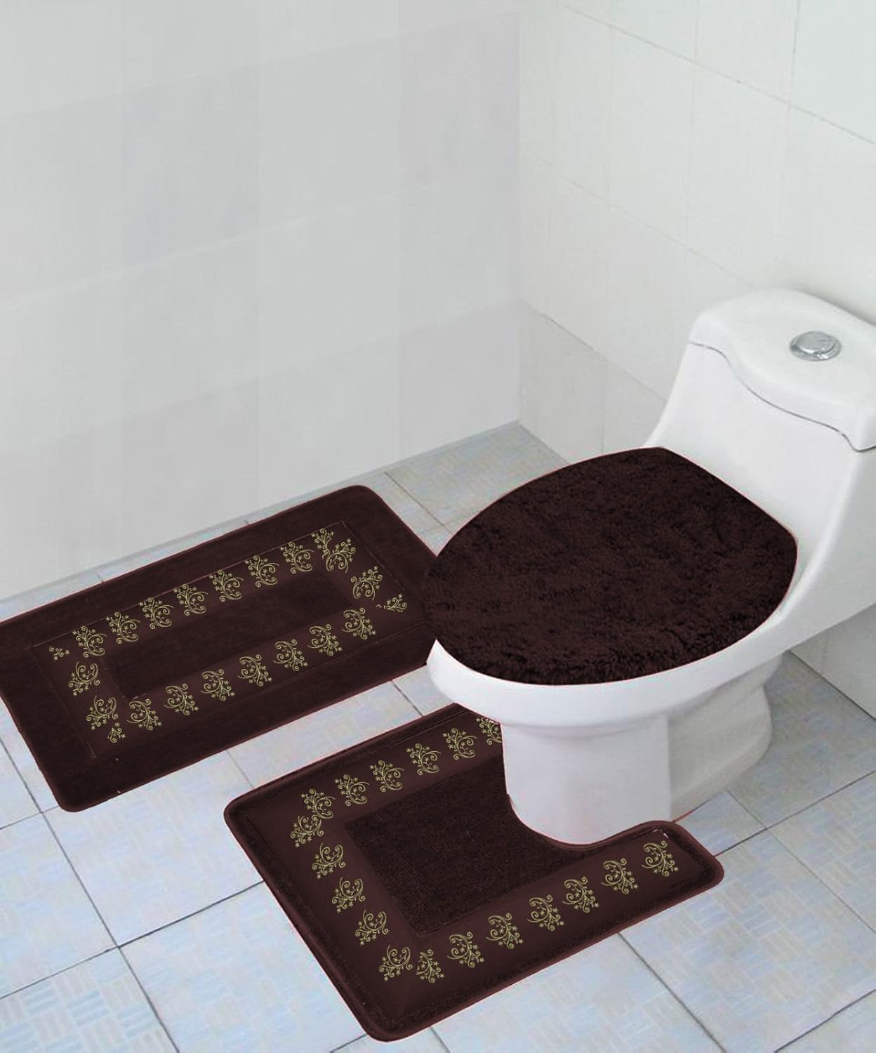 * BROWN *BATHROOM SET RUG CONTOUR MAT TOILET LID COVER