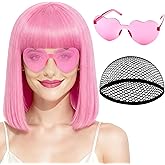 PLULON Pink Bob Wig with Bangs, Short Straight Bob Wig with Heart Sunglasses 12 Inch Shoulder Length Heat Resistant Synthetic Hair Cap for Women Natural Look Daily Use Cosplay Halloween Costume Party