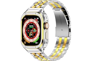 AMZNEW HASLFM Stainless Steel Band with Case Compatible with Apple Watch Ultra 3 2 1(49mm), Metal Protective Bumper Cover for iWatch Bands Men,Silver/Gold
