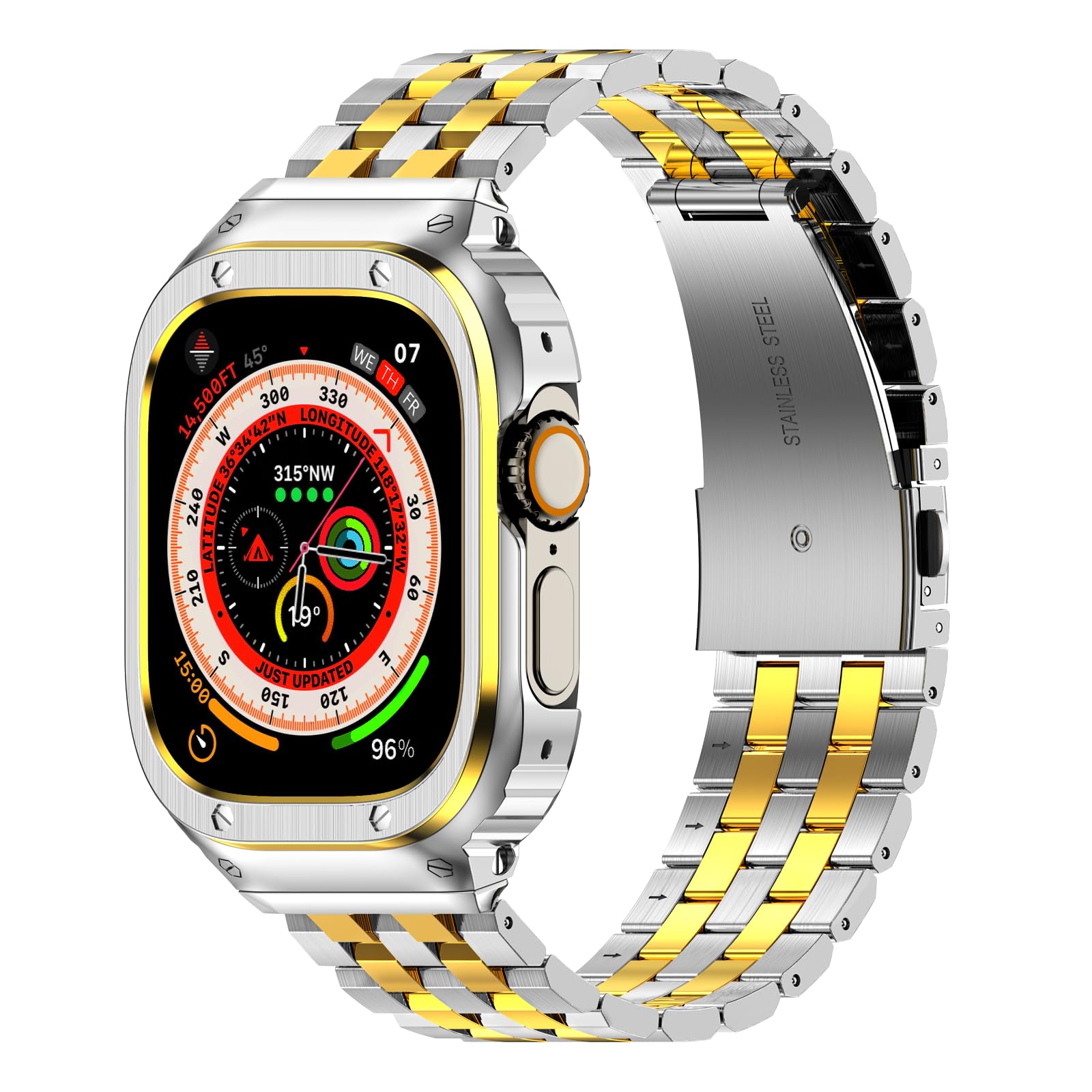 HASLFM Apple Watch Straps Compatible for Apple Watch Ultra 3/2/1 49mm,Rugged Metal Stainless Steel iWatch Band with Protective Case for Men，Silver-Gold