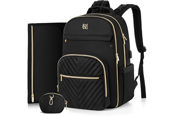 MOMUVO Diaper Bag Backpack, Quilted Baby Bag with Changing Pad and Stroller Straps, Black, Large, Modern