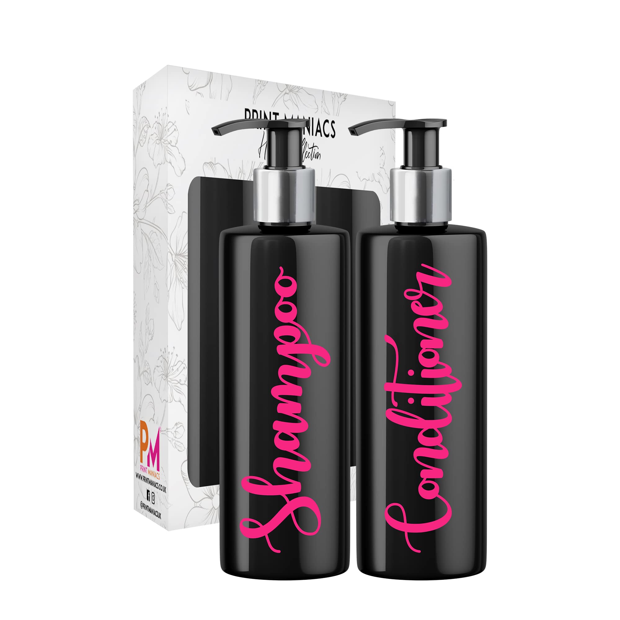 Print Maniacs 2 Set Mrs Hinch Inspired Black Personalised Dispenser Pump Bottles Shampoo Conditioner (Pink)