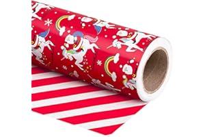 WRAPAHOLIC Reversible Christmas Wrapping Paper - Mini Roll - 17 Inch X 33 Feet - Red Santa Claus and Unicorn, Red and White S