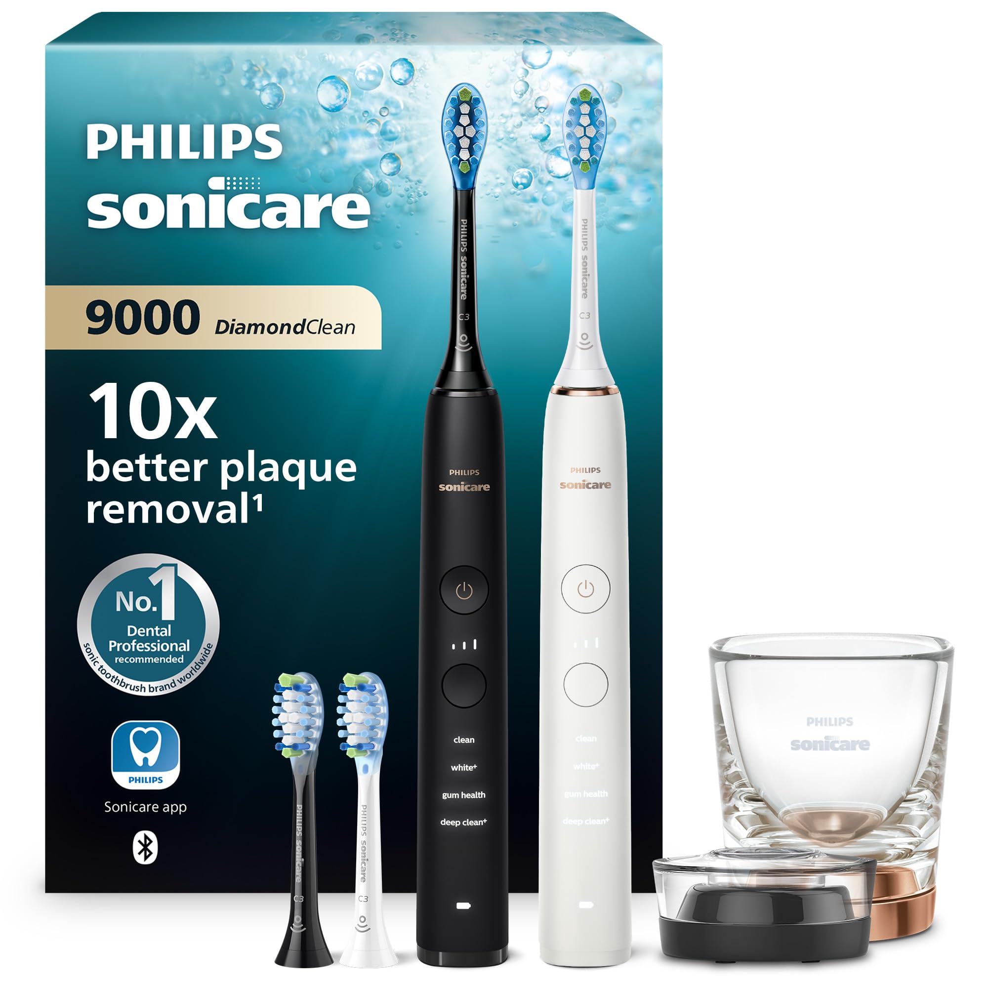 Philips Sonicare DiamondClean 9000 – Brosses à dents électriques connectées pour une meilleure hygiène des dents et des gencives, Noir Rose or, Lot de 2, modèle HX9914/61