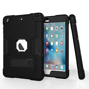iPad Mini Case, Mini 2 Case, Mini 3 Case, Rugged Kickstand Series - Shockproof Heavy Duty Hybrid Three Layer Armor Defender Kids Child Proof Case Cover for iPad Mini 1/2/3 -Black
