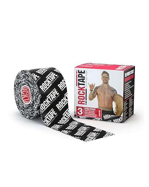 RockTape Extra Sticky 2" x 16.4' Kinesiology Tape (Logo,Black), Athletic Tape for Muscle Pain Relief, Injury Recovery, Microscopic Skin Lifting & Decompression, Sweat & Water Resistant, Hypoallergenic