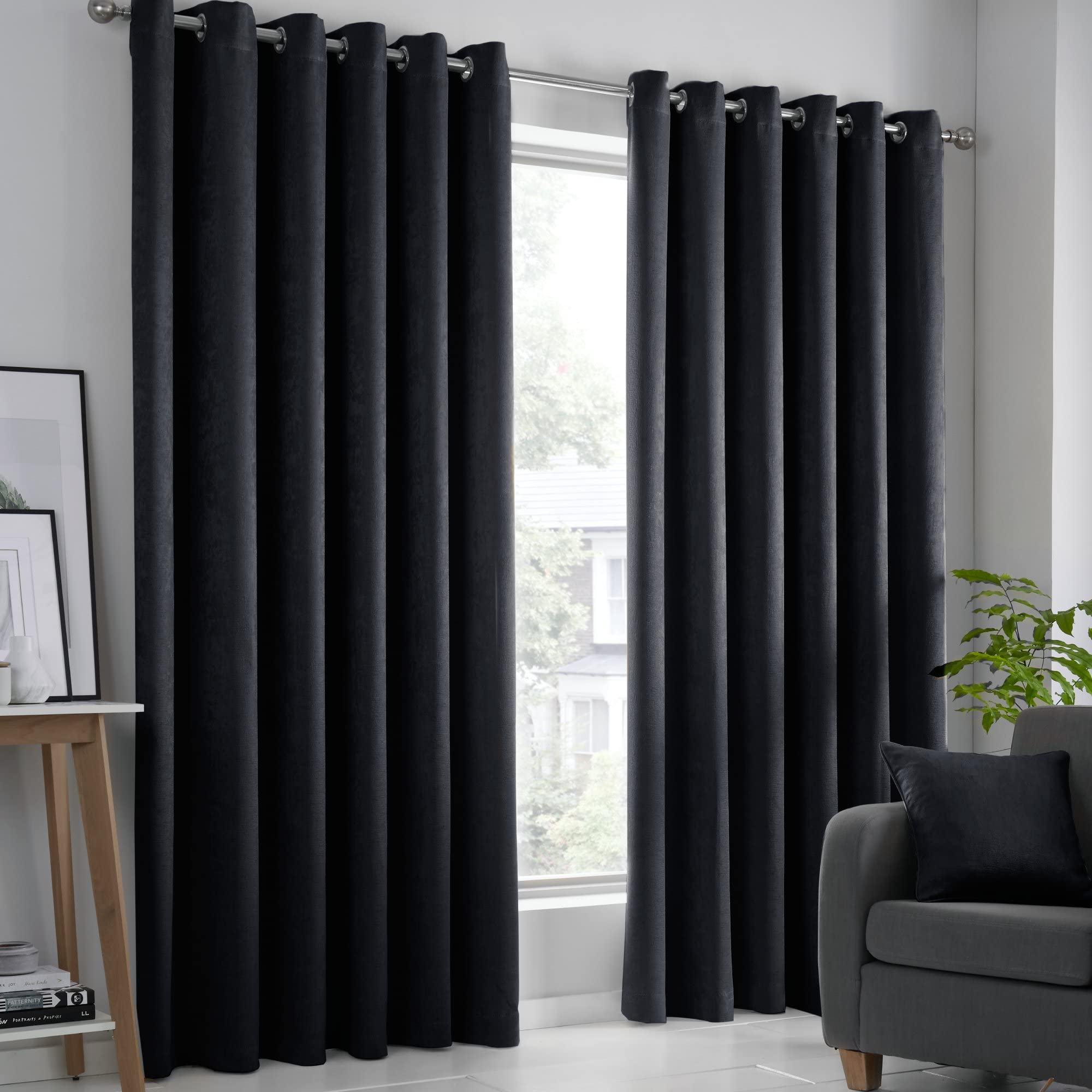 Fusion Black Eyelet Curtains W66 x L90 (168x229cm) – Thermal Insulated Drapes – Dark Black Panels for Bedroom, Living Room & Door – Strata Collection – Soft Window Treatment – Home Decor