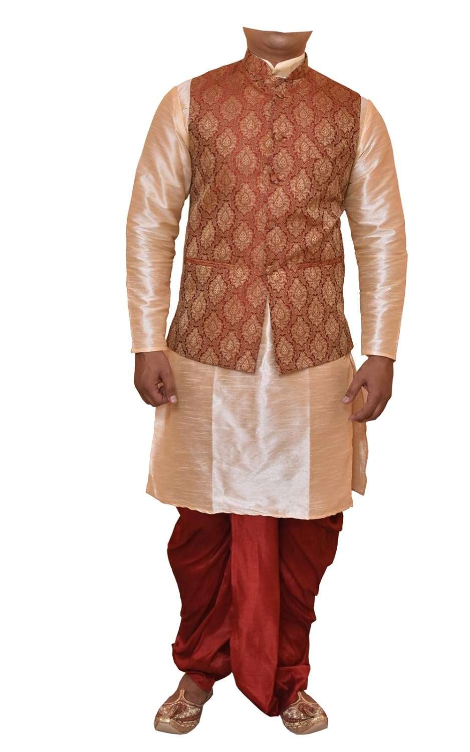 modern garments men's golden kurta maroon dhoti & designer jacket waistcoat