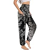 ZHANQISHENG Women's Boho Harem Pants with Pockets, Smocked High Waist Hippie Flowy Trousers, Comfy Bohemian Clothes for Yoga