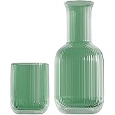 American Atelier 28 oz Bedside Water Carafe with Tumbler – 9" Ribbed Glass Pitcher with Cup Lid for Nightstand, Guest Room, Office, Bathroom, Stylish & Functional Drinkware (Green)