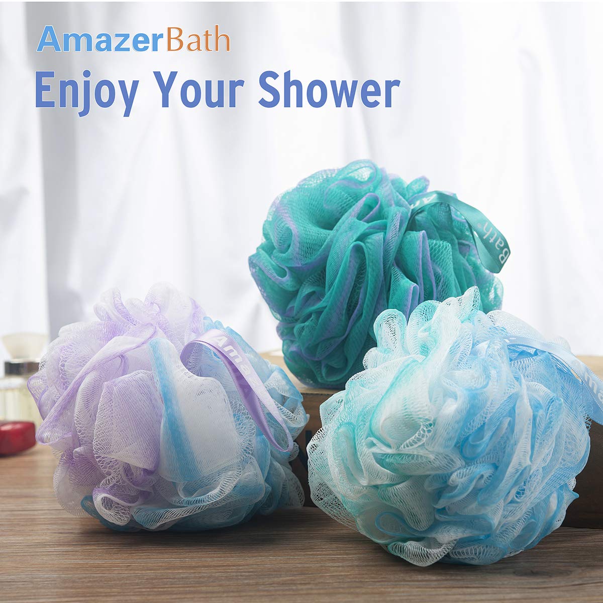 AmazerBath Shower Sponge Bath Loofahs for Shower 75g for Body Wash Bathroom Men Women - Set of 3 (Flower Green-Blue-Purple): Beauty