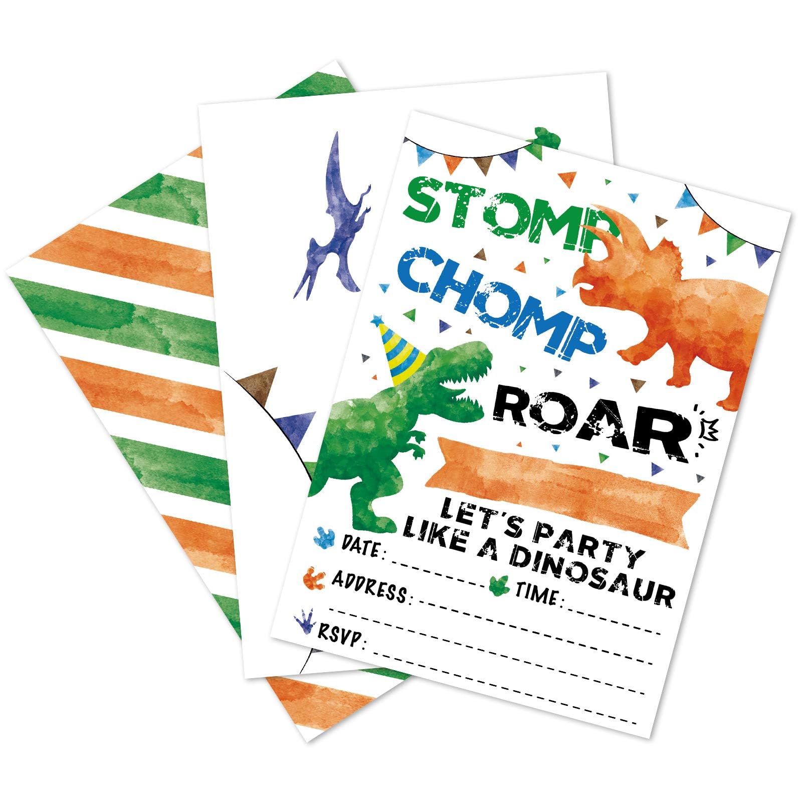 Watercolor Dinosaur Party Invitation Cards - 20 Sets Fill-in Invitations with Envelopes Dino Party Supplies for Boys Birthday Invites Double-sided Printed Eco-friendly T-Rex Cards