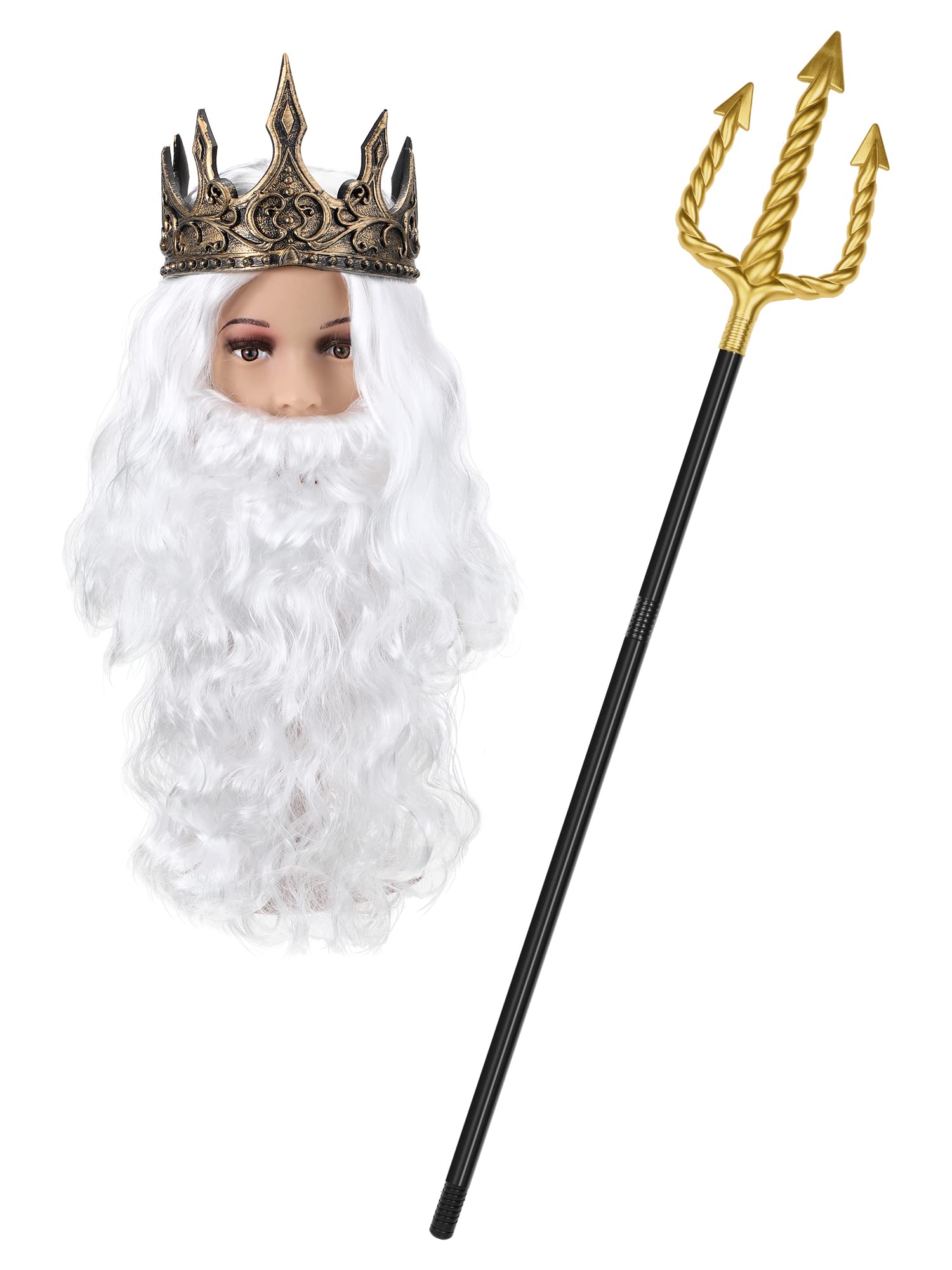 Photo 1 of Yingzhao 3 Pcs King Neptune Costume Accessory Gold Trident White Wig and Beard Set Foam Crown Headband for Adults Kids Fancy Halloween Cosplay Costumes