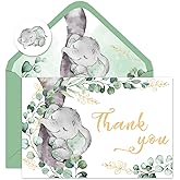 FYSUIMU 24 Pack Greenery Elephant Thank You Cards Botanical Jungle Note Cards with Envelopes Stickers Cute Greeting Blank Cards for Birthday Baby Shower