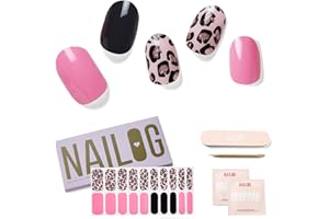 NAILOG Semi Cured Gel Nail Strips (20 Extra Long Polish Stickers/Wraps) │ Glossy & Long Lasting Soft Gel Finishing │Pink Leopard
