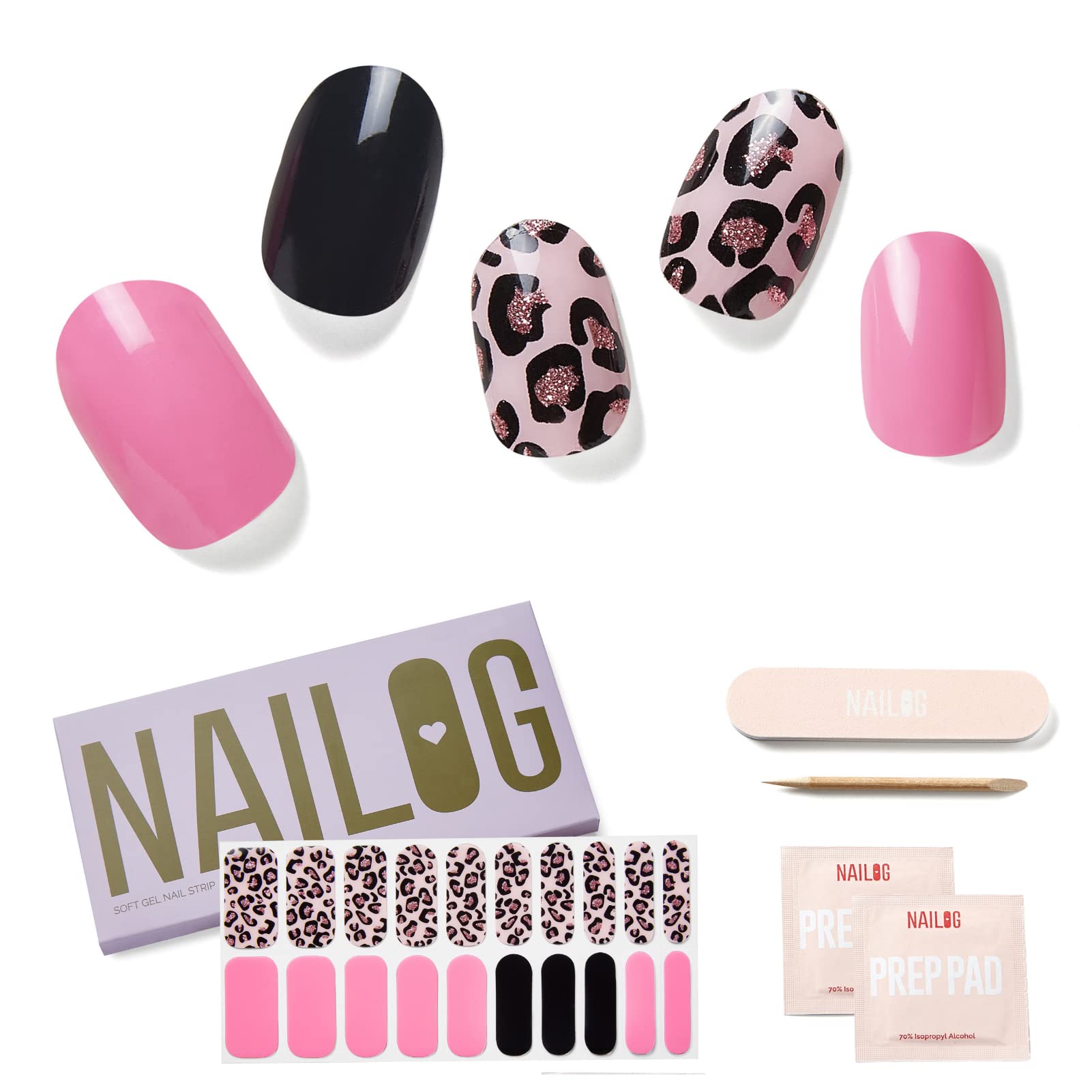 NAILOG Semi Cured Gel Nail Strips, Extra Long Nail Polish Strips (20 Pieces), Long Lasting Semi Cured Nail Stickers with Soft Glossy Gel Finish, Pink Leopard