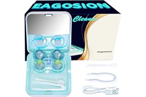 EAGOSION Contact Lens Cleaner Machine EV Pro, Portable Physical Technology Deep Clean Soft Lens with LED Light Tweezer Soak Case Kit, Magnetic Cleaning Slot USB Charger for Long-Term Colored Lens & RGP Lens