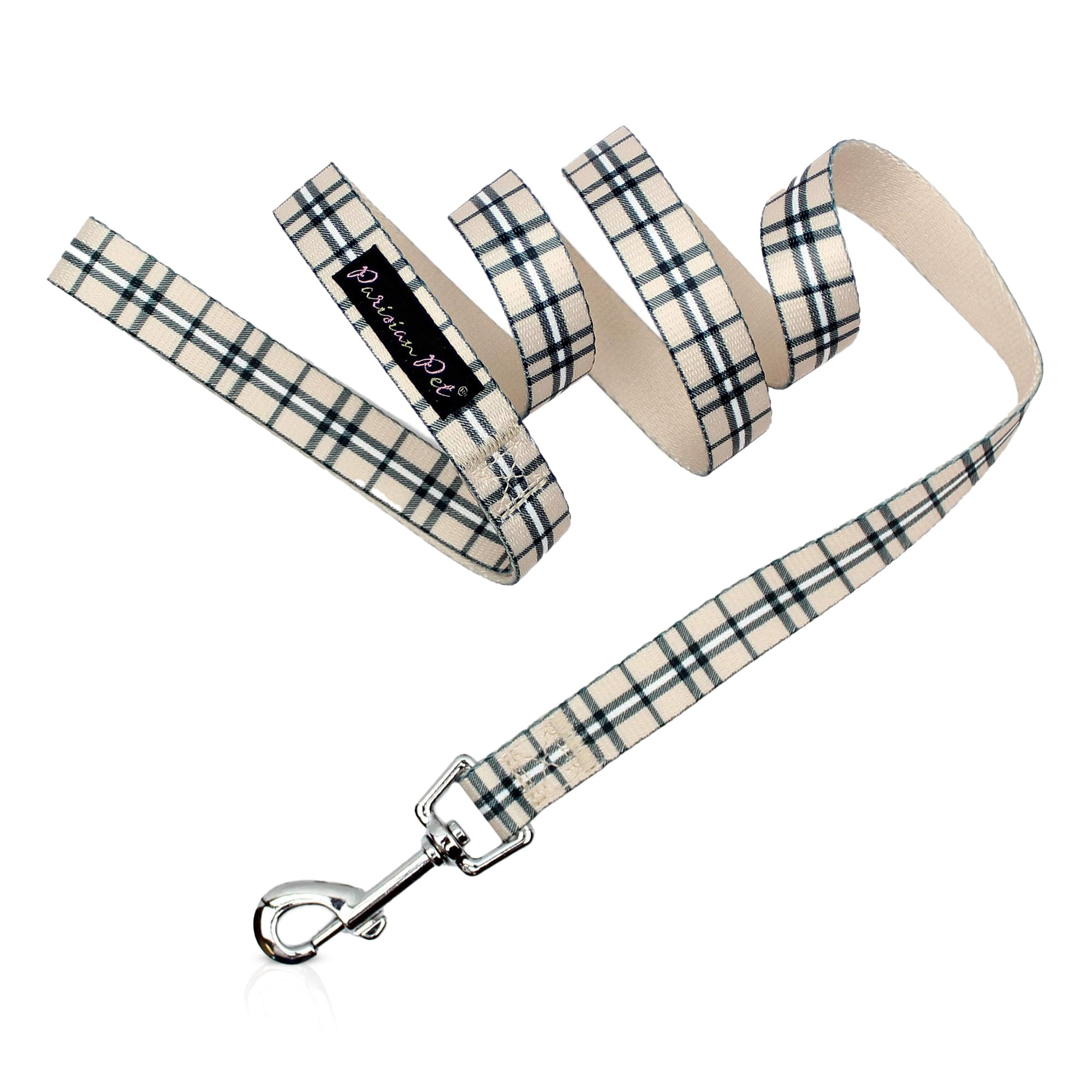 Parisian Pet Dog Lead - 4ft Long, Scottish Khaki Plaid Print, Durable Nylon Dog Training Leash - Traction Rope for Small/Medium Dogs