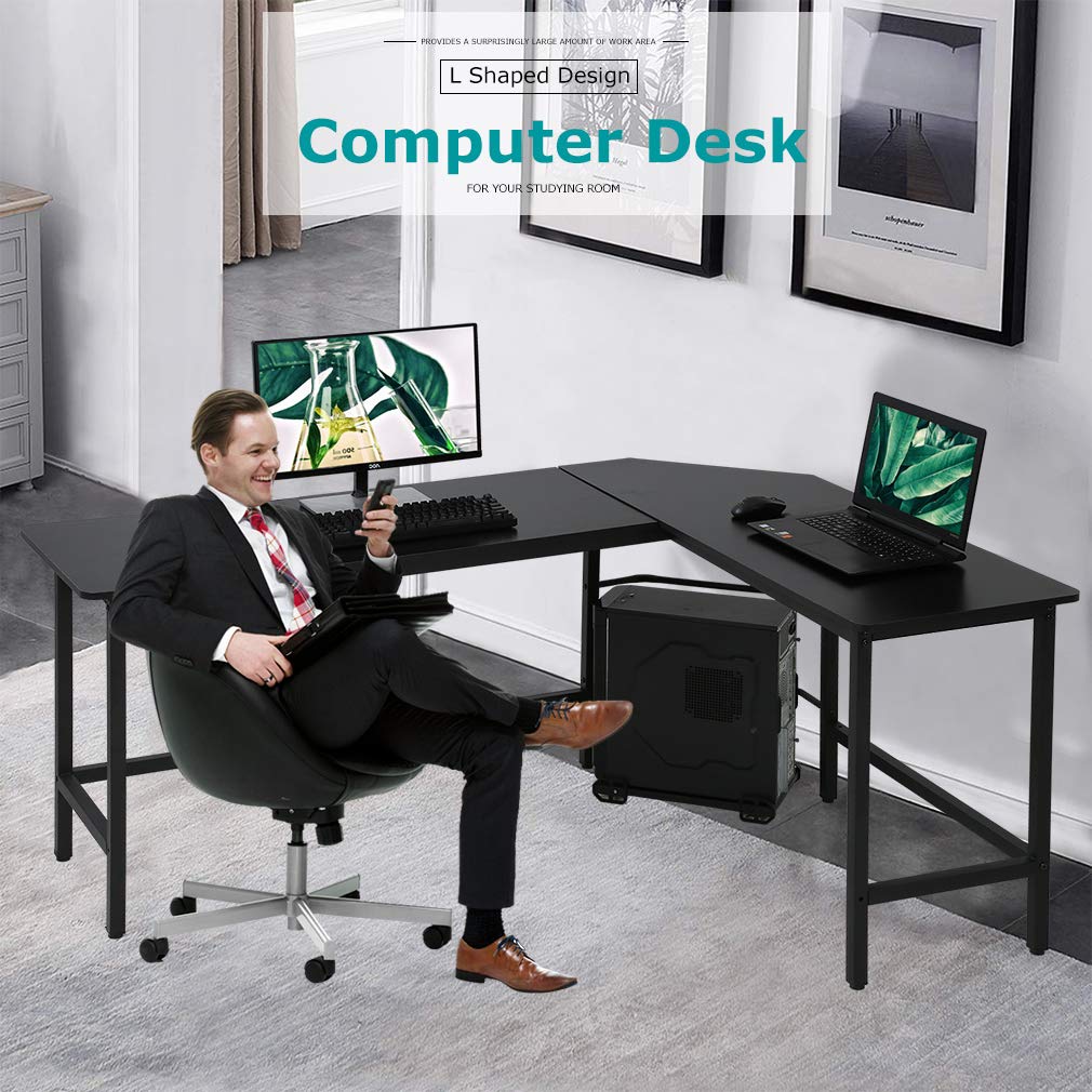 Computer Desk Gaming Desk Office L Shaped Desk PC Wood Home Large Work Space Corner Study Desk Workstation (Black)