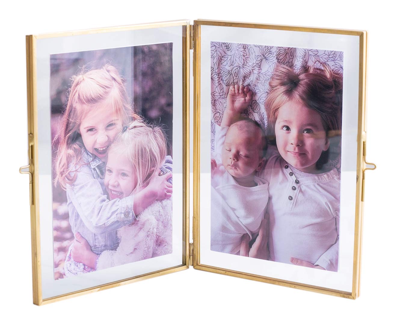 Levilan Double Picture Frames Gold Double Pictures Frame with Pressed Glass Photo Frame, Brass (5" x 7")
