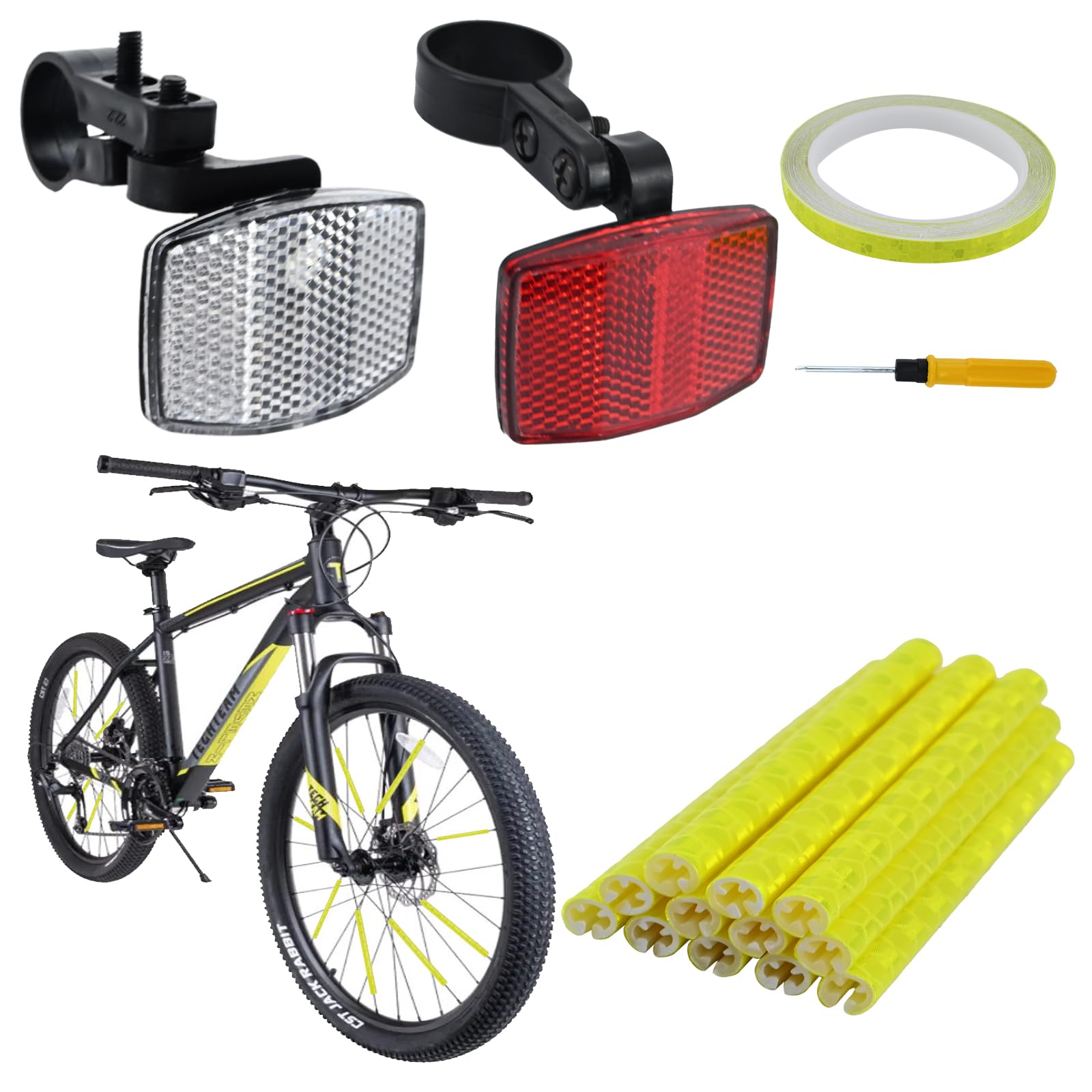 12Pcs Wheel Spoke Reflectors, Warning Strip Clip Tube, 2Pcs Front and Back Reflectors Bracket, Bicycle Spoke Lights Cover with Screwdriver 8m Reflective Tape, Bike Reflective Spoke Clips for Cycling