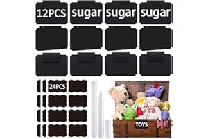 IAXSEE 12 PCS Basket Labels with 24 PVC Tag Stickers and 2 White Chalk Markers, Erasable Removable Plastic Lables Clip On Chalkboard Lables for Toys Kitchen Pantry Fabric Storage Bins
