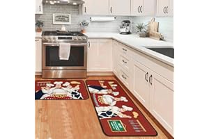 OUXIOAZ Chef Kitchen Rugs and Non Skid Washable Absorbent Microfiber Kitchen Mat for Floor, Kitchen Mat Set of 2 Red Kitchen Decor Stain Resistant 17"x47"+17"x30"