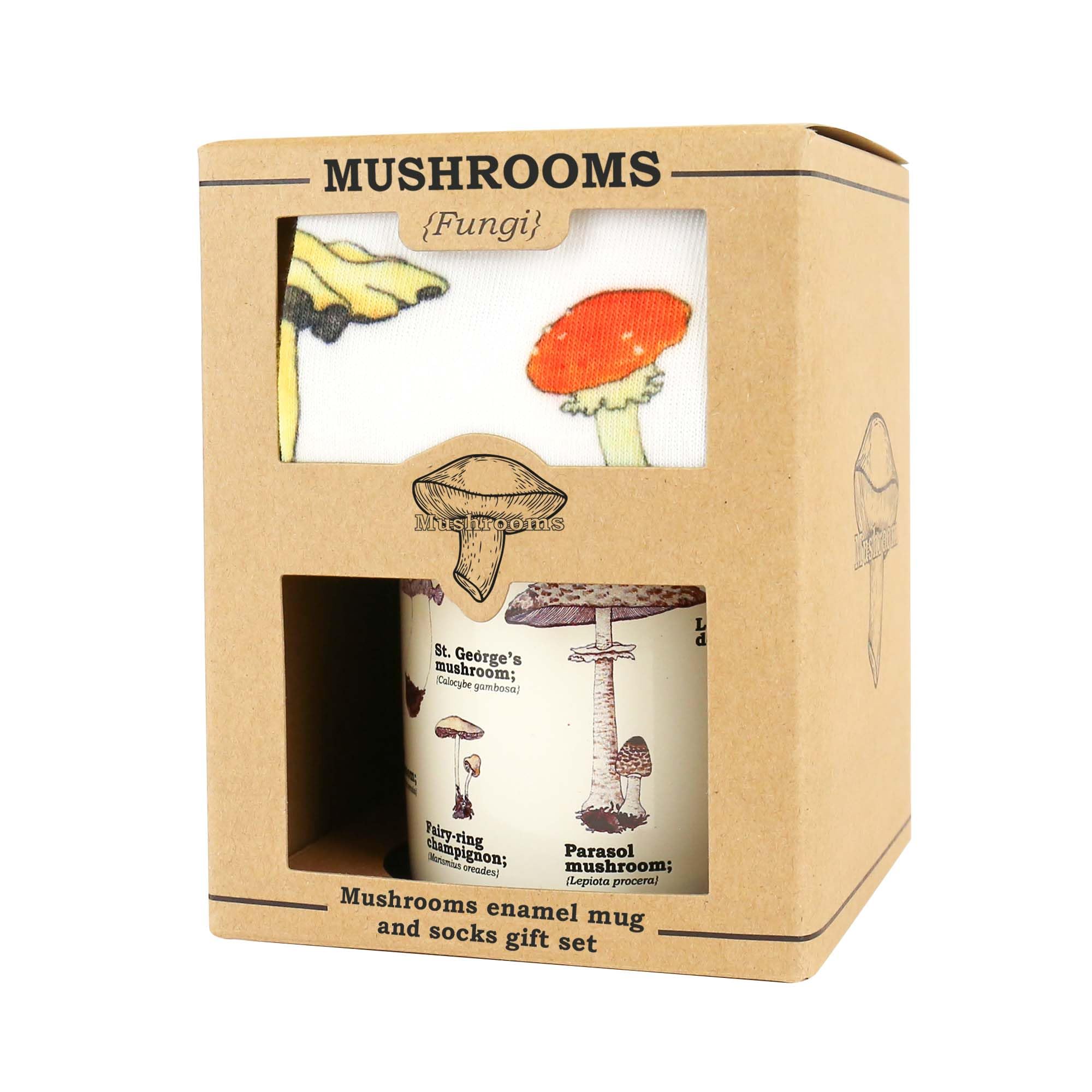 Gift Republic Mushroom Gift Set - Mushroom Enamel Mug and Fungi Socks Set. Foragers Outdoor Gift Idea