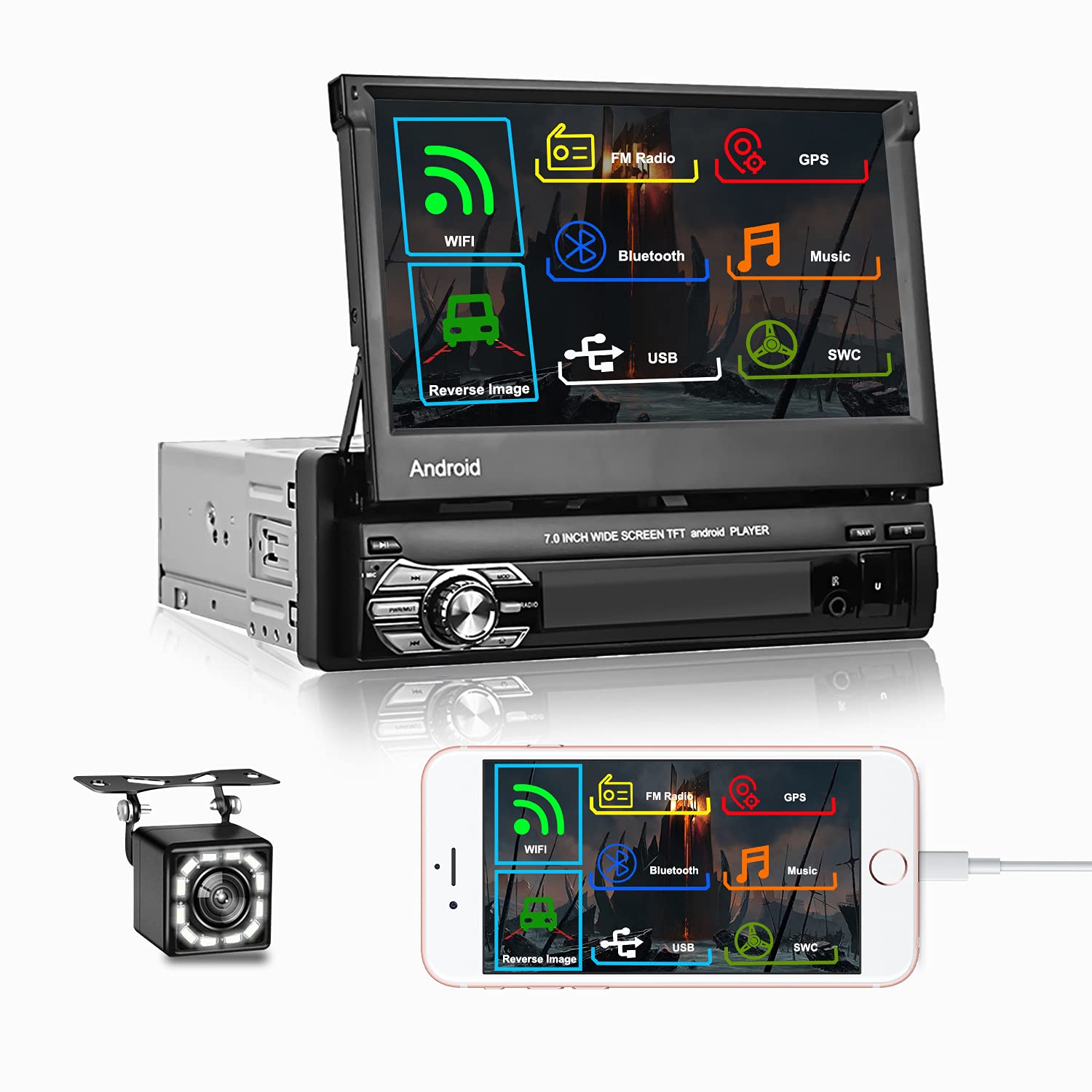 （2G+32G）Camecho Single Din Car Stereo 7 Inch GPS Folding Touch Screen Car Stereo With Bluetooth/FM Radio/USB/Reverse Camera + Mirror Link