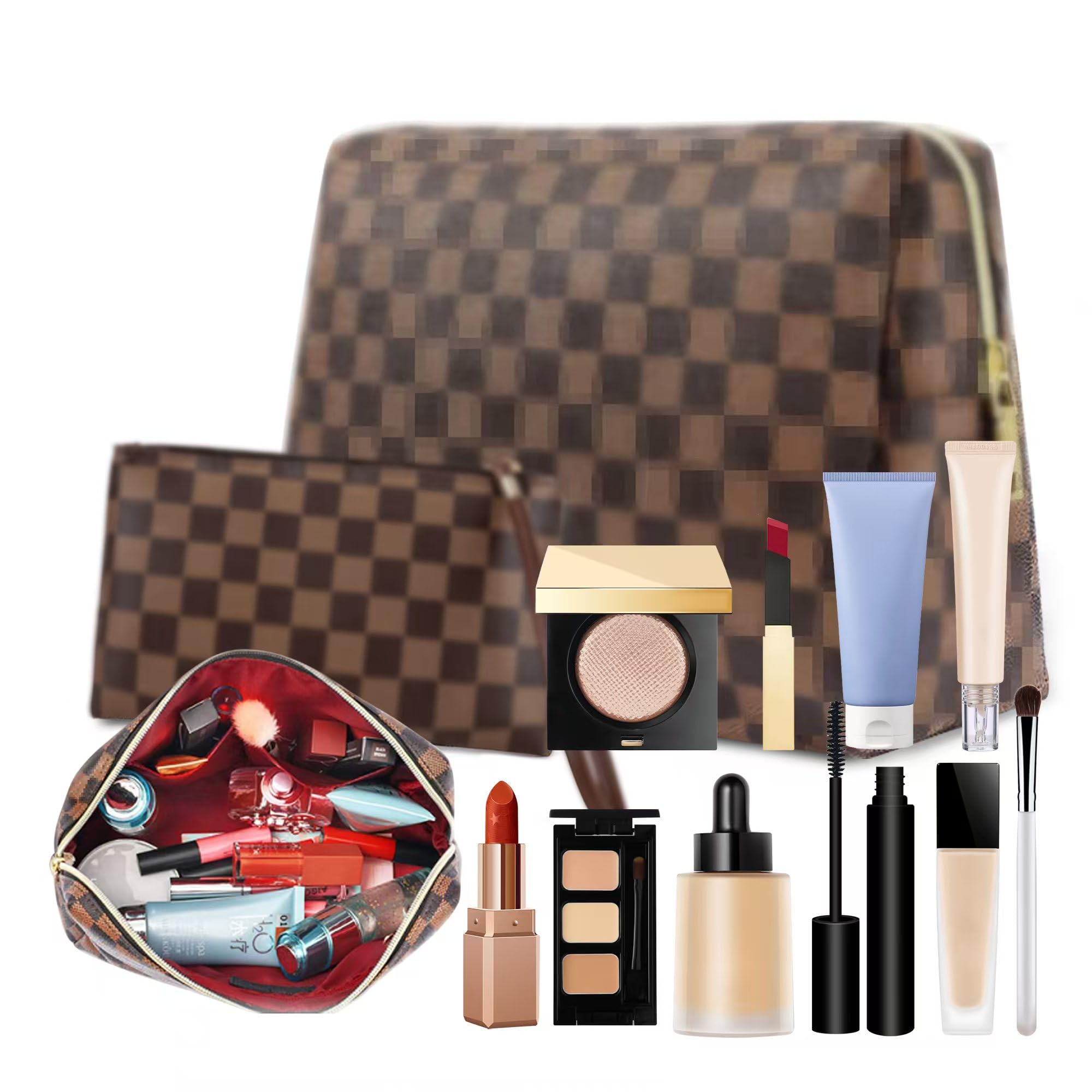 Photo 1 of Butofinus Makeup Bag, 2 Pcs Portable Leather Checkered Cosmetic Bag, Waterproof Travel Toiletry Bag for Women Gift