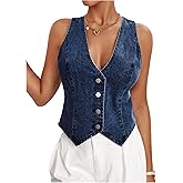 Floerns Women's Sleeveless Denim Vest Asymmetrical Hem Button Down Waistcoat