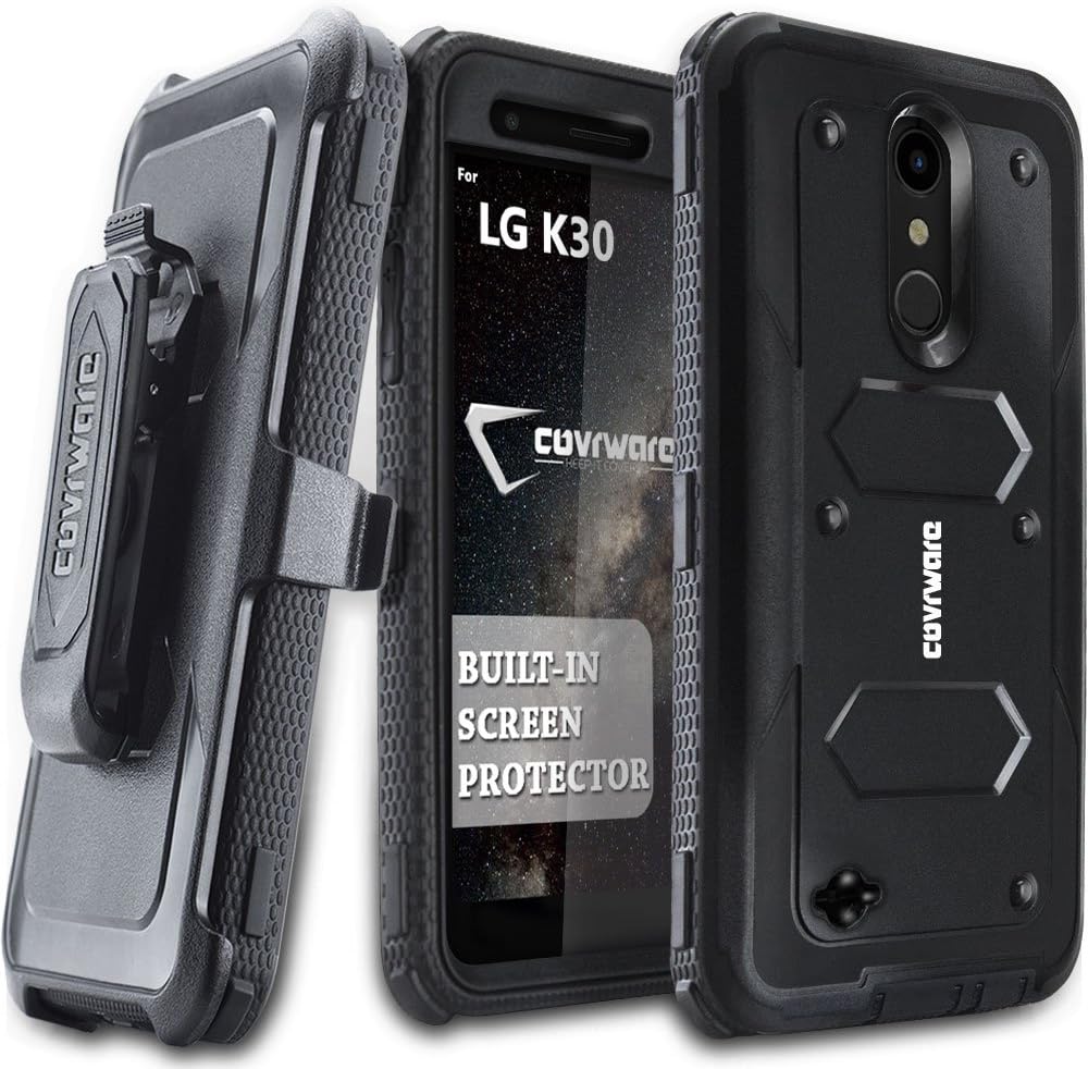 COVRWARE Aegis Series case for LG K30 / LG Premier Pro LTE / LG Harmony 2 with Built-in [Screen Protector] Heavy Duty Full-Body Rugged Holster Armor Case [Belt Swivel Clip][Kickstand], Black