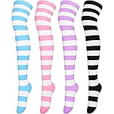 Aneco 4 Pairs Over Knee High Stripe Socks Halloween Cosplay Accessories Thigh High Socks for Adult Woman Girls