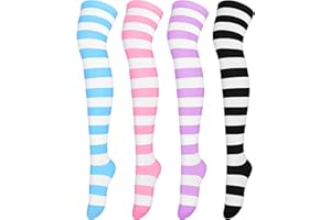 Aneco 4 Pairs Over Knee High Stripe Socks Halloween Cosplay Accessories Thigh High Socks for Adult Woman Girls