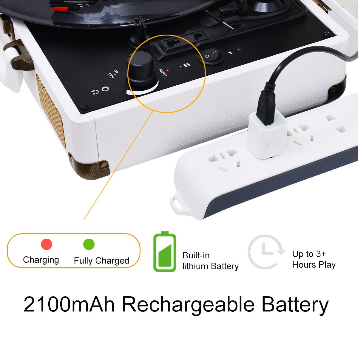 JORLAI Rechargeable Suitcase Turntable 3 Speed Bluetooth Portable Record Player with Built-in Stereo Speakers,Support Vinyl-to-MP3 Recording/Headphone Jack/Aux Input/RCA Output,White