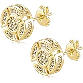 14k Gold Plated Round Circle Mens Inlaid Cubic Zirconia Earrings Hip Hop Iced Out Push Back CZ Stud Earrings for Men