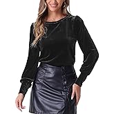 Allegra K Velvet Tops for Women Crew Neck Puff Long Sleeve Casual Pullover Fall Winter Blouses Top