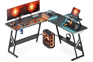 MOTPK L Shaped Gaming Desk, 51 Inch Gaming Computer Desk with Carbon Fiber Texture, Gaming Table with Monitor Stand, Gamer Desk with Cup Holder and Headphone Hook, L Desk for Gaming, Black