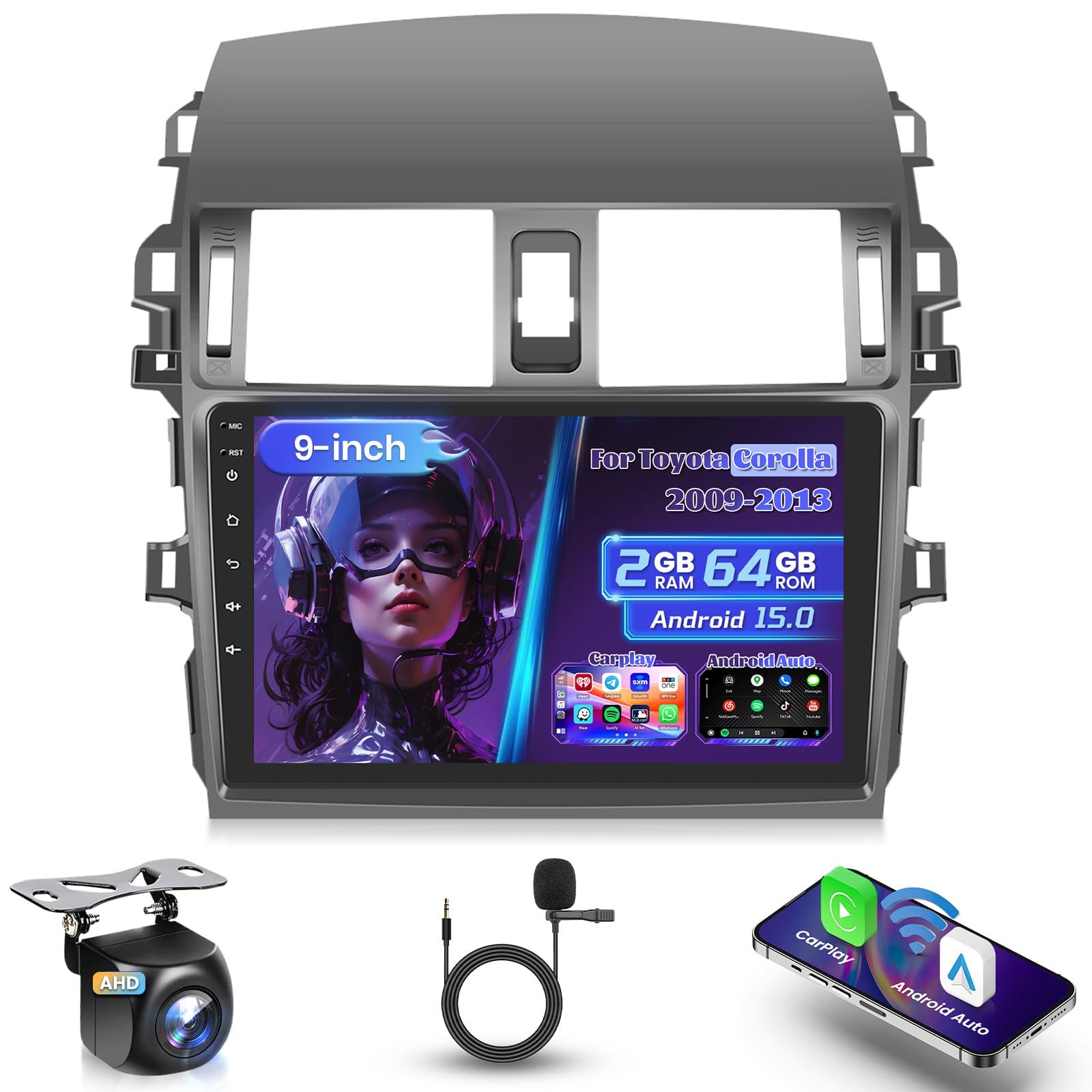 Photo 1 of for Toyota Corolla 2009 2010 2011 2012 2013 Android Car Radio Stereo with Wireless Carplay/Android Auto, 9 Inch Android 15 IPS Touch Screen for Corolla Car Stereo, Bluetooth, GPS Navi, WiFi, DSP
