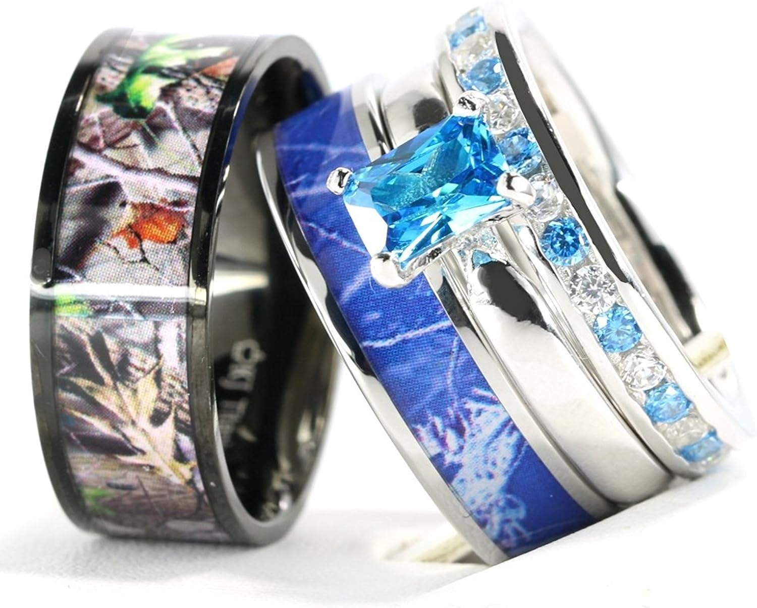 Kingsway Jewelry 4pcs His Hers Camo Blue Radiant Stainless Steel