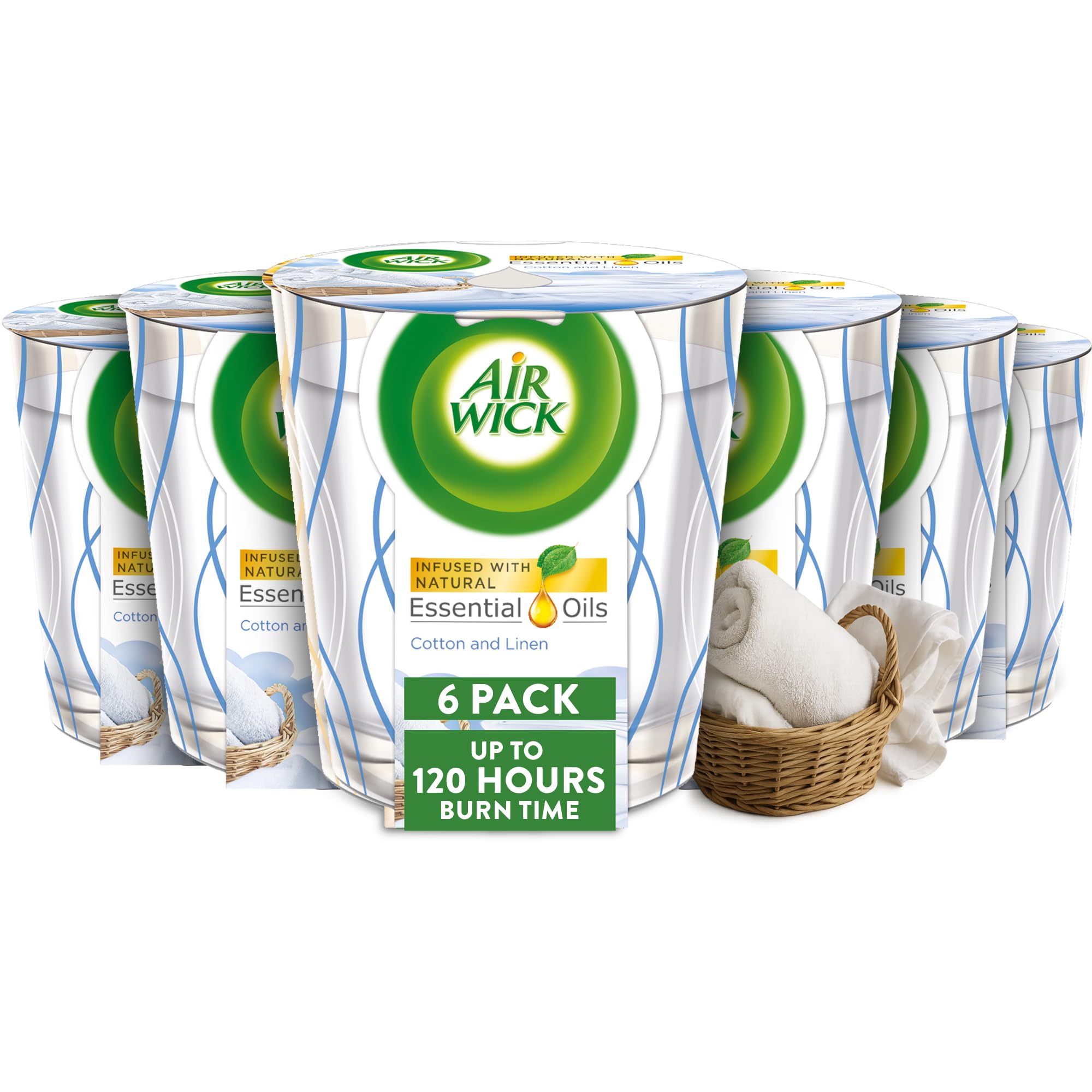 Air Wick Cotton & Linen Candle Set of 6, Natural Essential Oils, Long-Lasting Aroma, Decorative Freshener, Home & Kitchen Scent, Gentle Release, Stylish Design