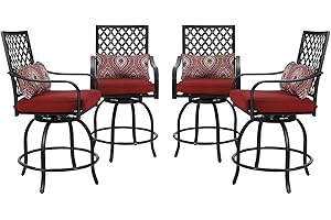 PHI VILLA Patio Outdoor Swivel Bar Stools Set of 4, Patio Bar Height Bistro Dining Chairs All Weather Metal Garden Furniture Sets with Cushion and Armrest, Red
