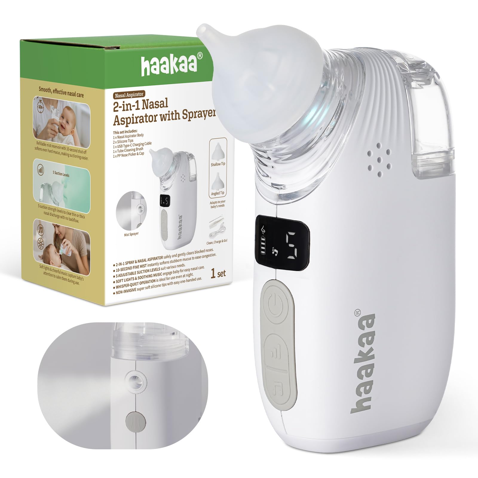 Photo 1 of Haakaa Nasal Aspirator for Baby, 2-in-1 Electric Baby Nasal Aspirator with Sprayer – Baby Nose Sucker, Nose Sucker for Baby – 5 Adjustable Suction Levels up to 65kPa, Quiet, Music & Lights