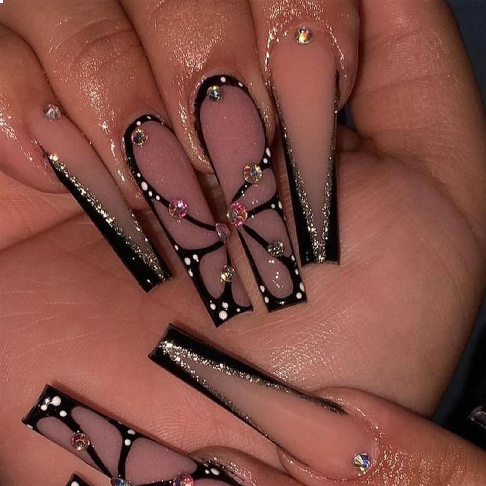 GlamRays Long Coffin Black Glossy Full Coverage Acrylic Nails Extra Long Square Rhinestone False Nails With Butterfly Design Artificial Ballerina False Nails