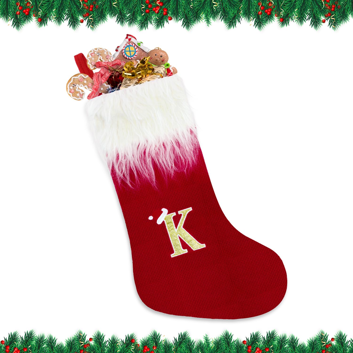 Alederways Christmas Stockings, 22" Red Monogram Knitted Xmas Personalized Embroidered Stockings, Knitted Velvet Xmas Stockings Red Fireplace Hanging Socks for Xmas Gift Christmas Decor (K)
