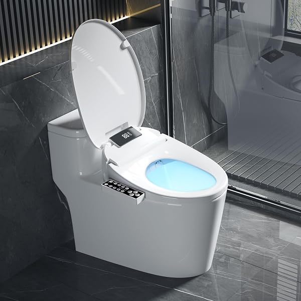 XCQQ ELECTRIC HEATED BIDET TOILET SEAT WITH WARM WATER WASH, WARM AIR DRYER, SOFT CLOSED LID, NIGHT LIGHT, LED DISPLAY, TOILET SEAT WITH BIDET REQUIRES OUTLET – ROUND