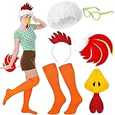 Maiteenly 6 Pcs Halloween Chicken Costume Chicken Headband Beak Tail Glasses Socks Wig for Adult Rooster Costume Accessories