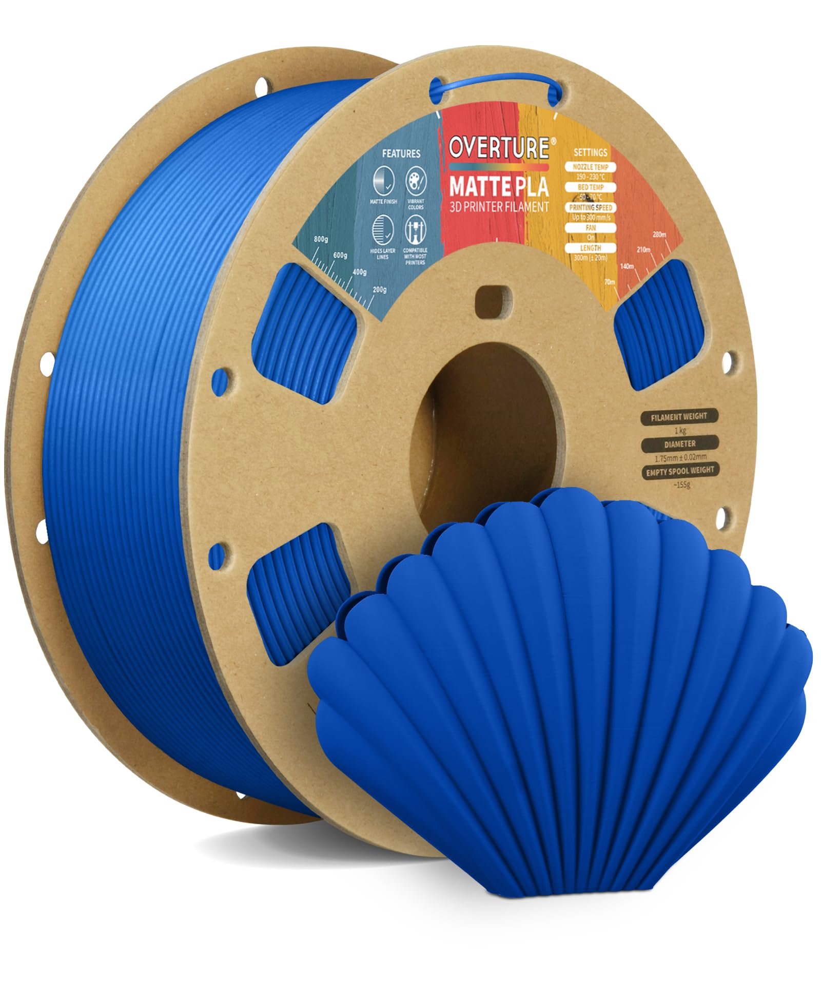 OVERTURE Matte PLA Filament 1.75mm, Easy to Print, PLA Matte 3D Printer Filament 1kg (2.2lbs), Cardboard Spool, Accuracy ± 0.02mm (Matte Blue) — image 1